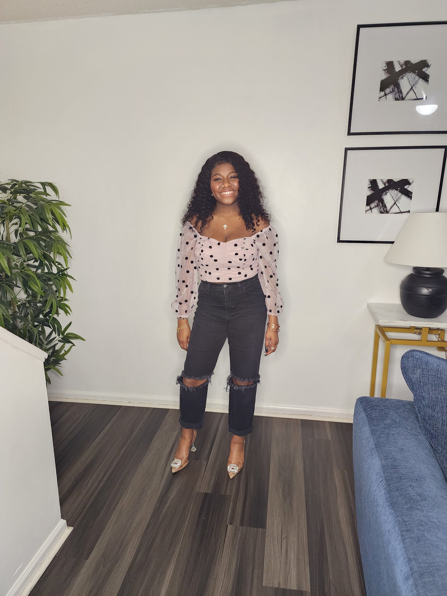 POLKA DOT MESH SLEEVE CROP TOP