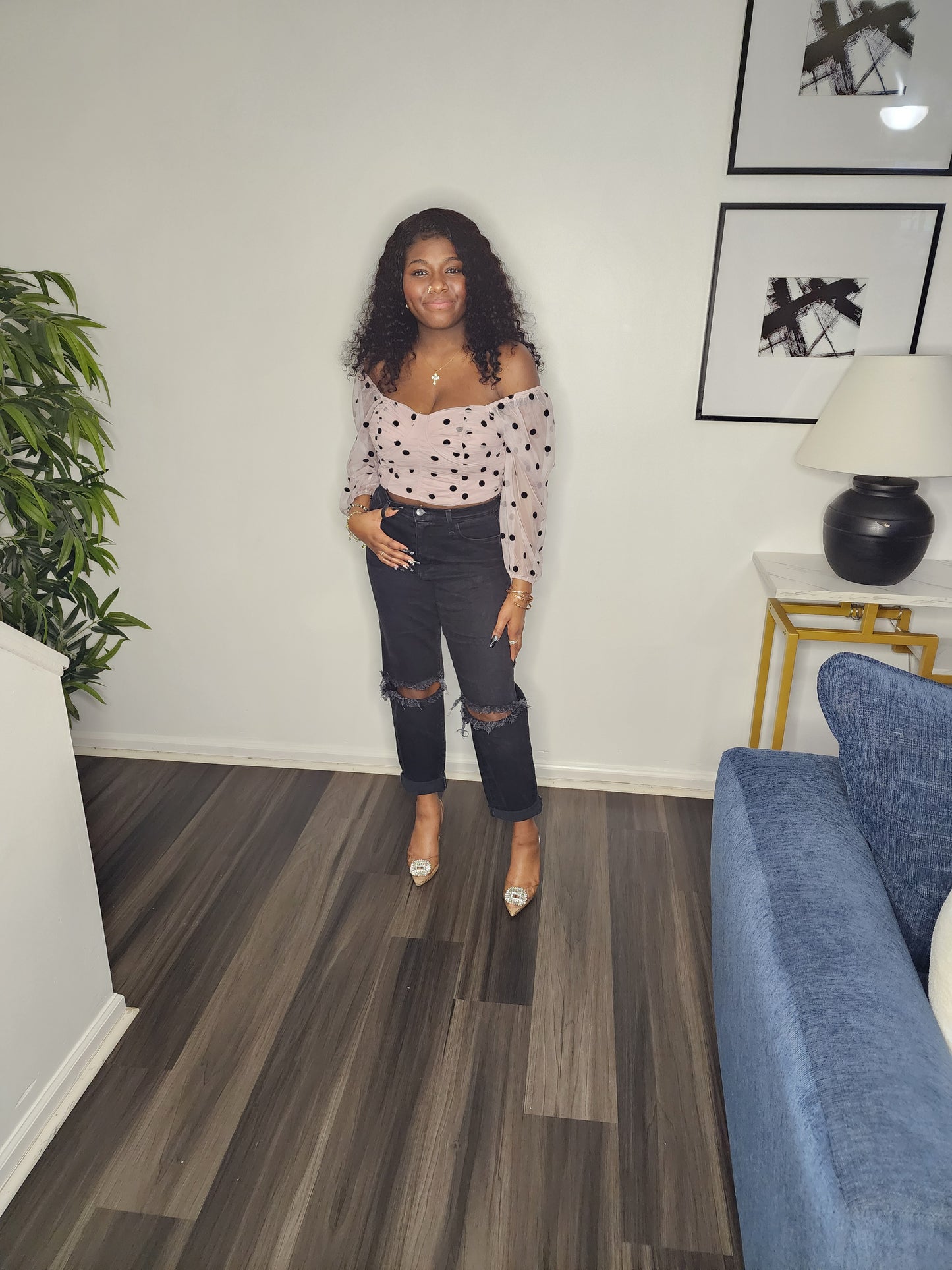 POLKA DOT MESH SLEEVE CROP TOP