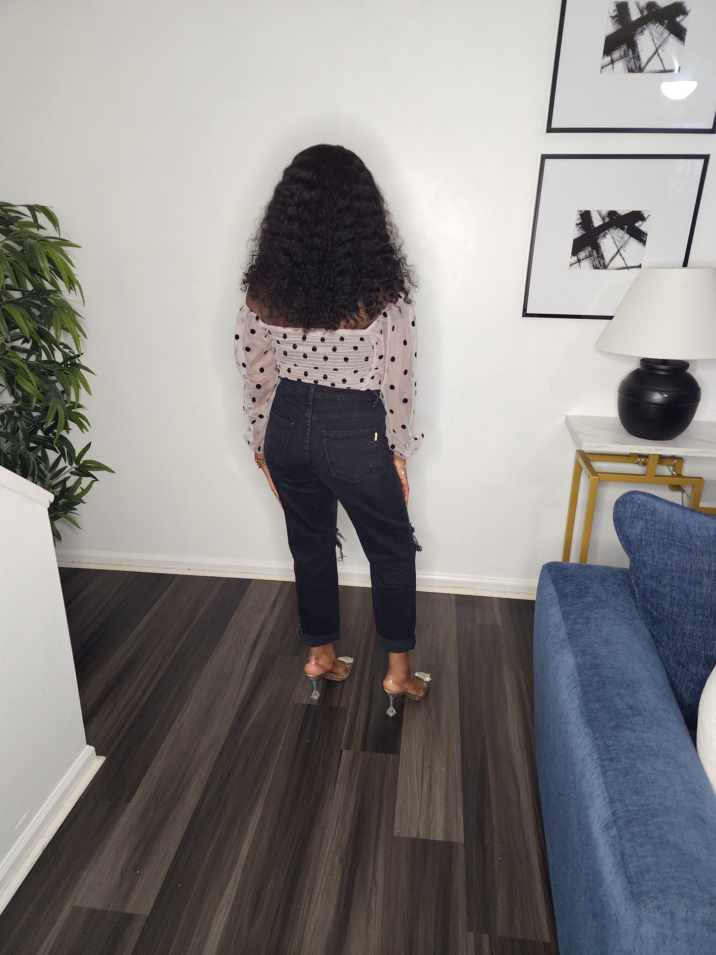 POLKA DOT MESH SLEEVE CROP TOP