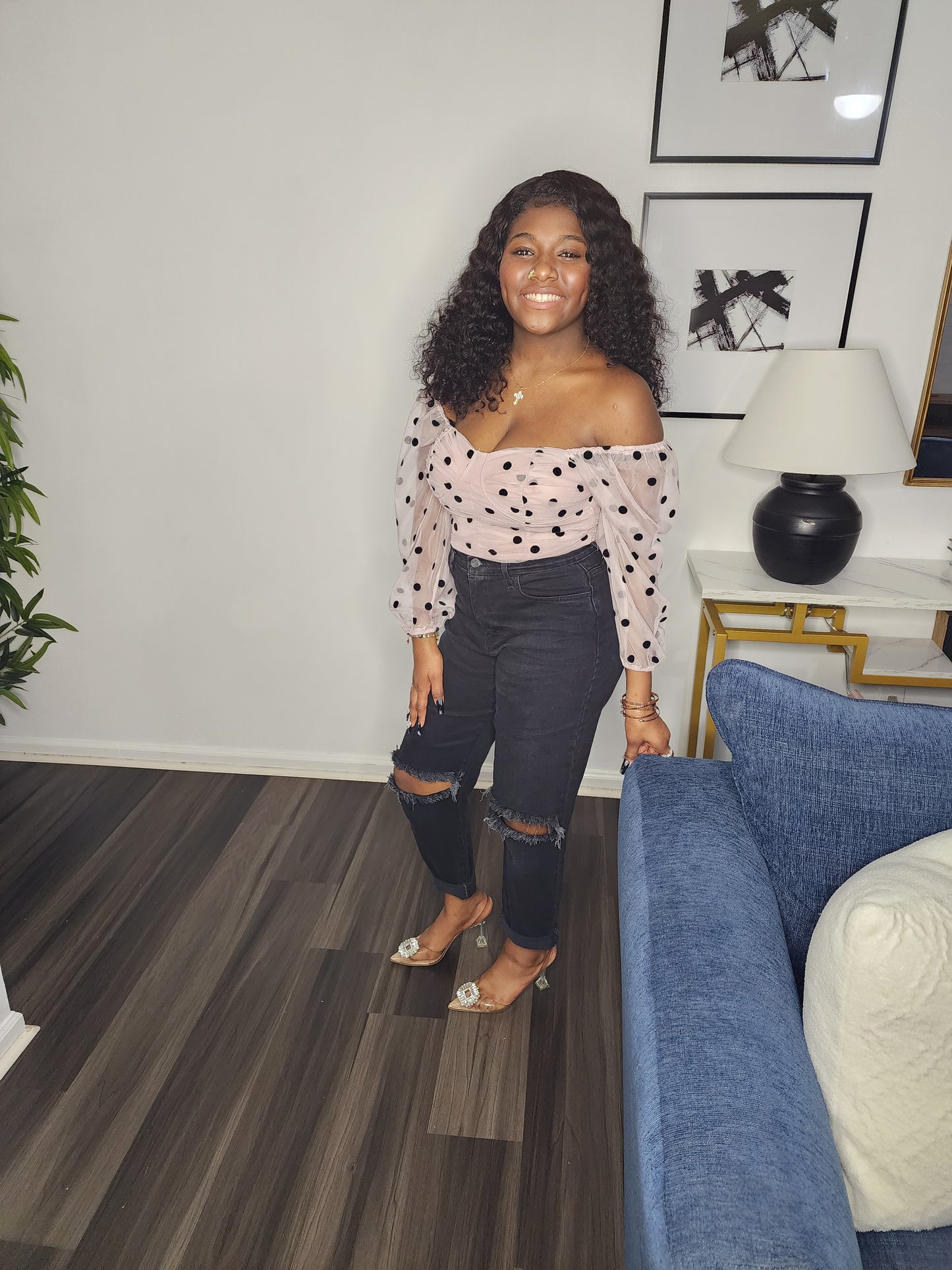 POLKA DOT MESH SLEEVE CROP TOP
