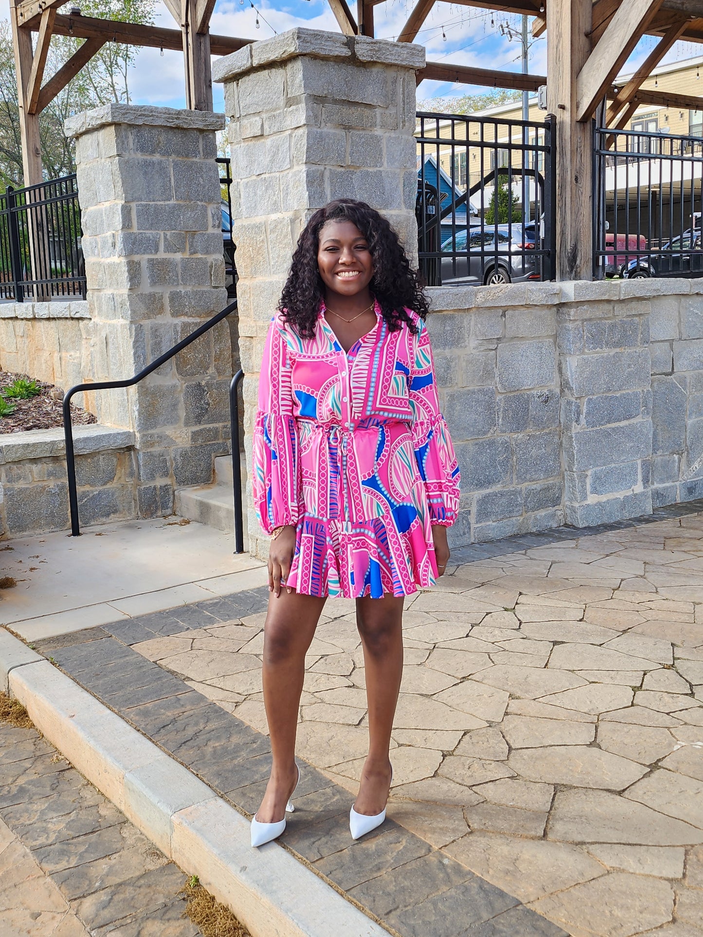 Print Adjustable Balloon Sleeve Dress
