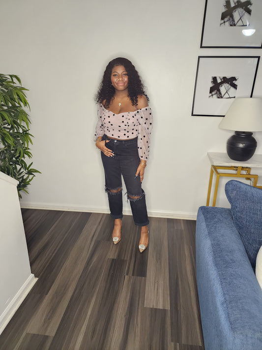 POLKA DOT MESH SLEEVE CROP TOP