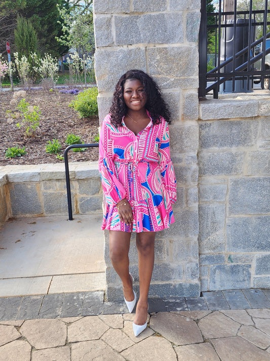 Print Adjustable Balloon Sleeve Dress